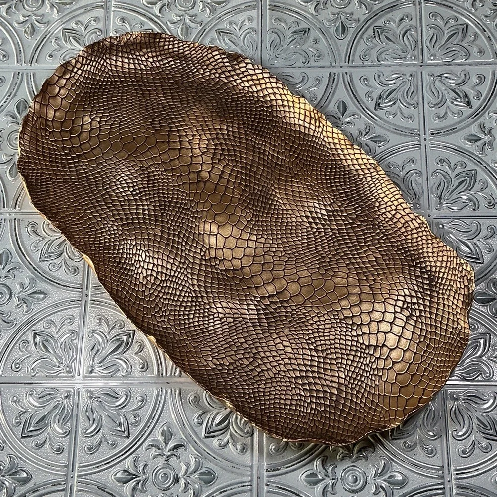Pier 1 Gold Faux Snakeskin Embossed Metal Serving Tray Hollywood Regency Glam